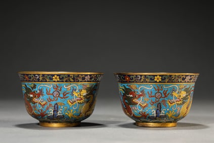 Pair of Cloisonne Enamel Twin-Dragon Bowls