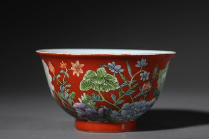 Coral-Red Ground Famille Rose Flower Bowl