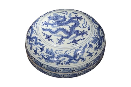 A Blue and White Dragon and Sea-Wave Box and Cover