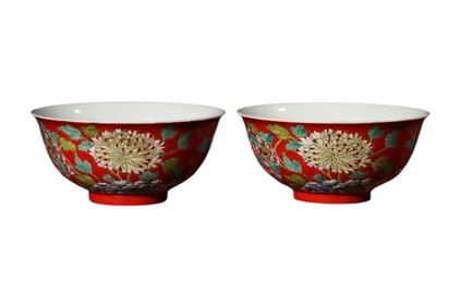 Pair of Red Ground Famille Rose Bowls