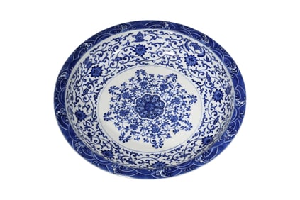 A Large Blue and White Eight Treasures Dish