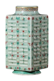 Celadon Ground Famille Rose Eight Trigram Cong-Form Vase