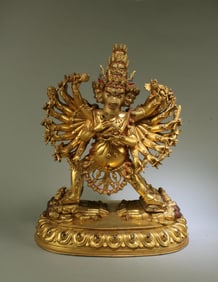 A Gilt Bronze Tibetan Deity 'Da Wei De Jin Gang' Statue