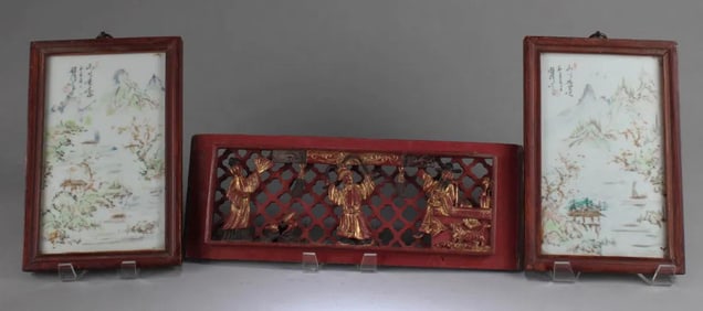 A Pair of Chinese Wood Framed Porcelain Plaque