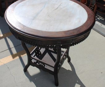 Chinese Hardwood Round Table with Marble Top Inlay