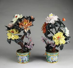 A Pair of Cloisonne Flower Pots with Agate/Jade Fl