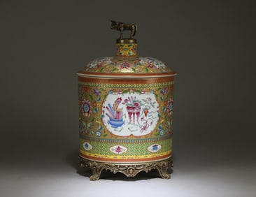 A Chinese Famille Rose Jar with Bronze Decorations