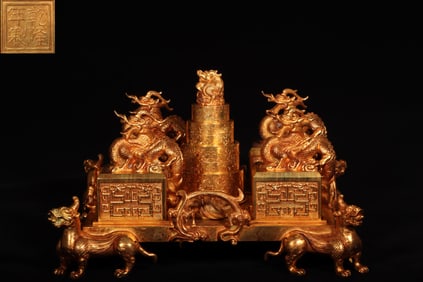 A Bronze 24K Gold Gilt Dragon Beast Seal Stamp Set