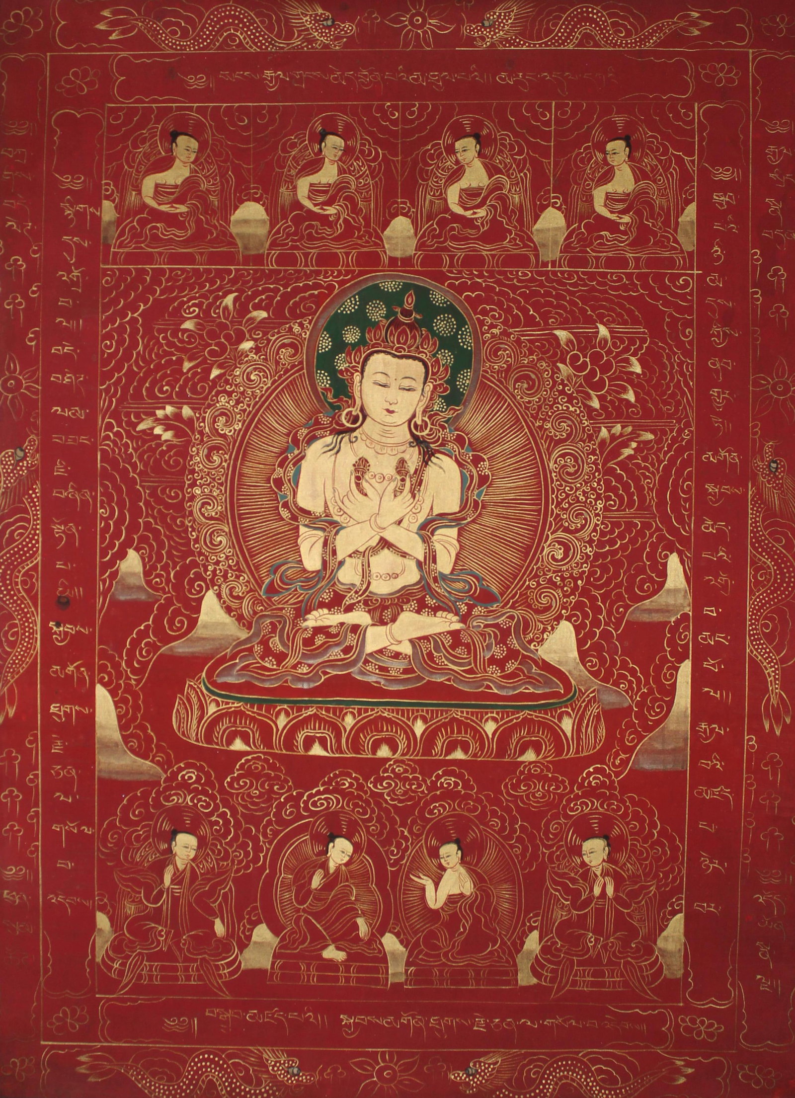 A Tibetan Thangka: A Tibetan Thangka. Height: 66.1" Length: 27.5" (Outer) Height: 31.1" Length: 21.6" (Inner)