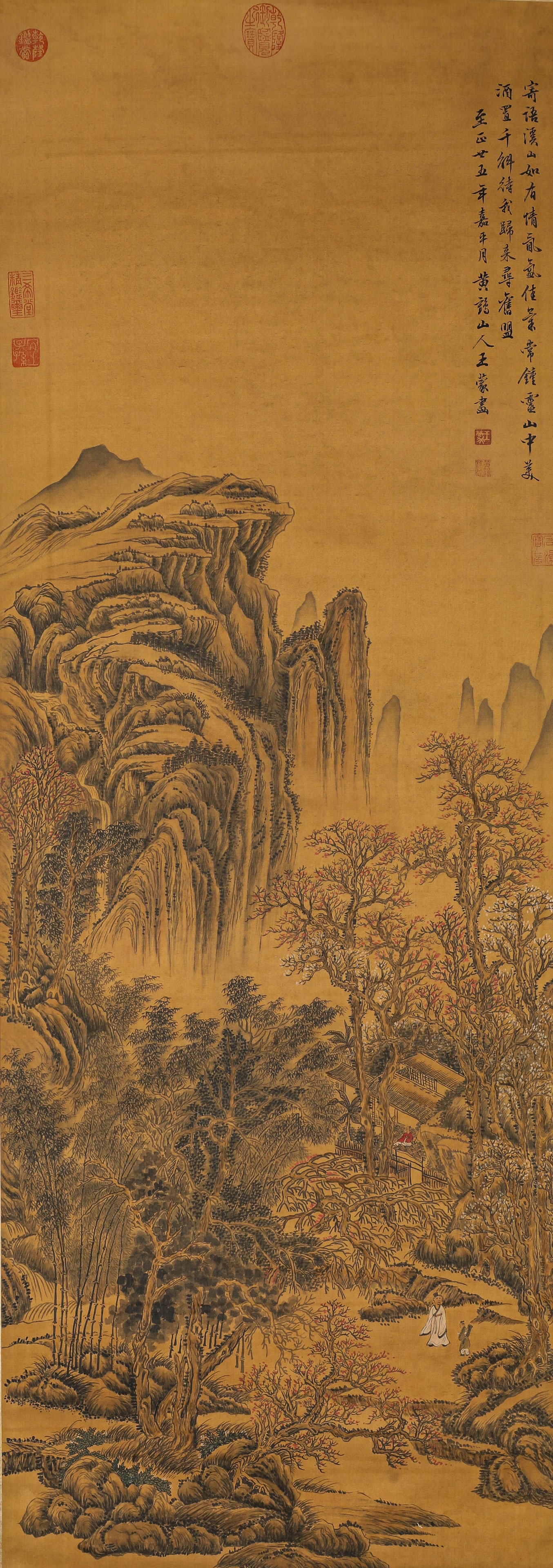 Wang Meng Mark, Chinese Painting Ink and Color on Silk, Hanging Scroll: Wang Meng Mark, Chinese Painting Ink and Color on Silk, Hanging Scroll. Width: 19.29" Height: 53.94"