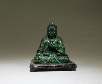 Chinese Carved Malachite Sitting Guanyin Statue