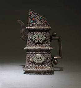 A Silver Jade and Gems Mounted Ewer