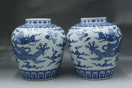 A Pair of Blue & White Porcelain Jars