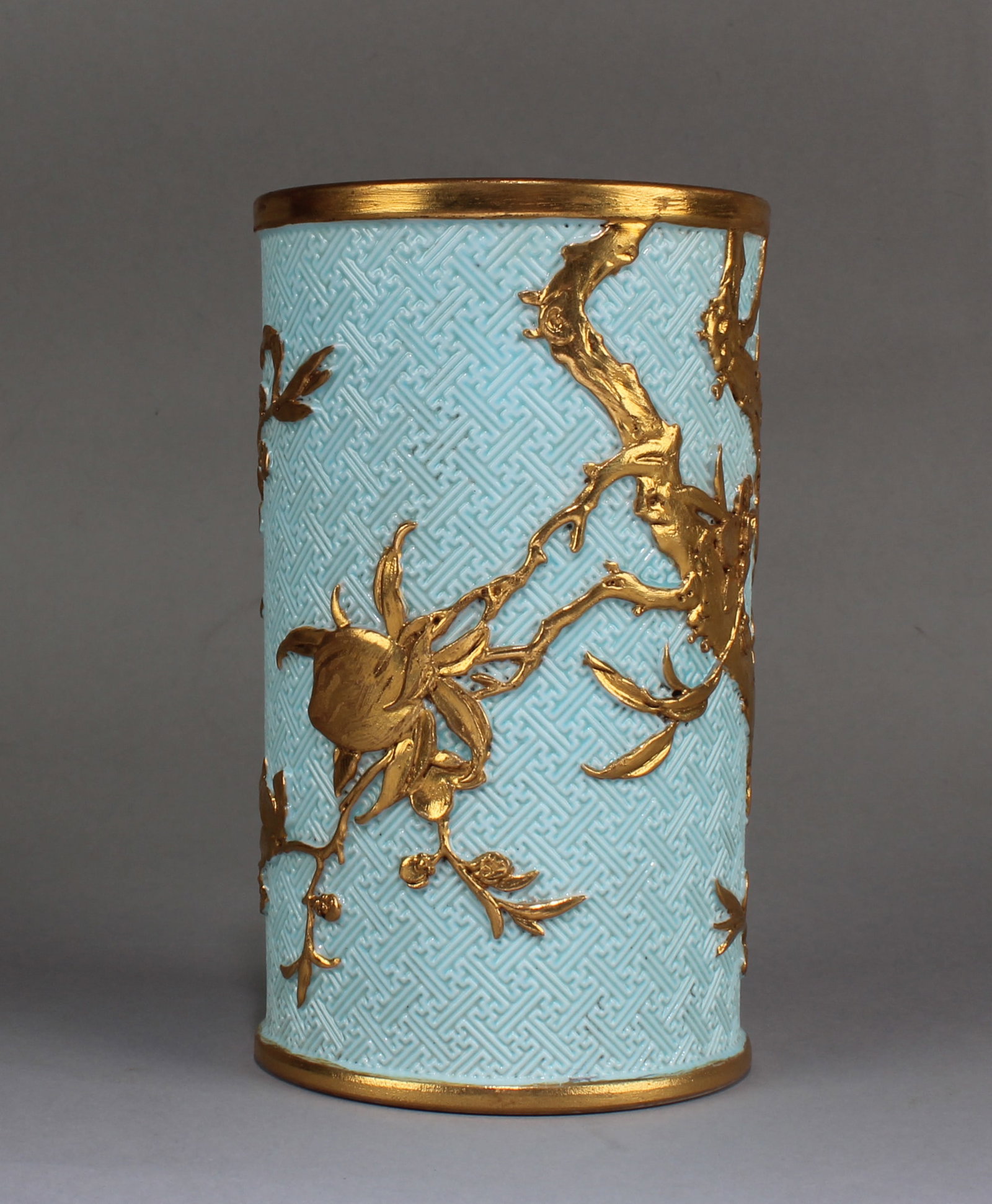 A Torquoise Color Porcelain BrushPot: A Torquoise Color Porcelain BrushPot. 'QianLong' mark. Height: 5" Diameter:3"