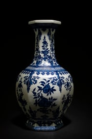 A Large Hexagonal Shaped Blue & White Vase