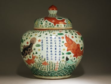 A Wucai Jar with Lid and Fish Motif