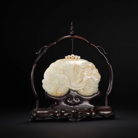 White Jade Elephant With Wooden Frame Stand