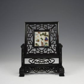 Hardstone Inlaid Sandalwood Table Screen