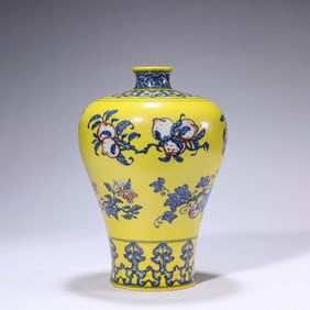 Yellow Ground and Underglaze Blue and Copper Red Sanduo Meiping Vase
