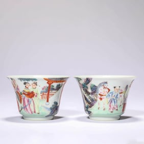 Pair of Famille Rose Figure Story Cups