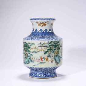 Underglaze Blue and Famille Rose Figure Story Lantern Shaped Vase
