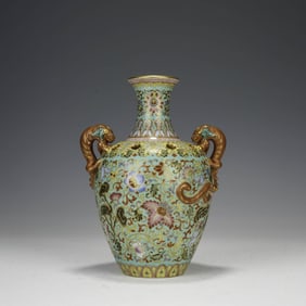 Gilt Famille Rose Dragon-Eared Vase