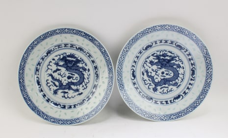 A Pair of Chinese Blue & White Porcelain Plates