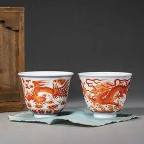 Iron Red Glaze Dragon and Phoenix Cups