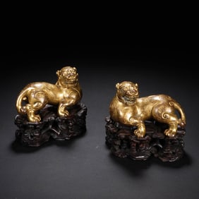 Pair of Gilt-Bronze Auspicious Beast Carvings