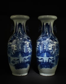 A Pair of Tall Blue & White Porcelain Vases
