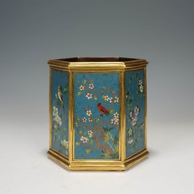 Cloisonne Enamel Flower and Bird Hexagonal Brush Pot