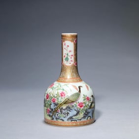 Famille Rose Gilt-Inlaid Flower and Bird Inscribed Mallet-Shaped Vase
