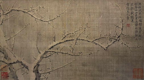 Attributed to Wang Mian, Chinese Ink Prunus Painting, Silk, Mounted