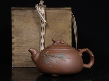 A Zisha Bamboo Beast-Button Teapot