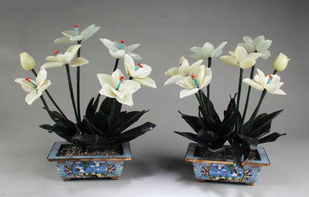 A Pair of Cloisonne Pot with Jade Flower Petals