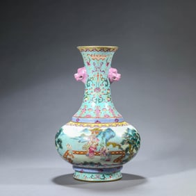 Turquoise-Green-Ground Famille Rose Boys Playing Double Lion-Eared Vase