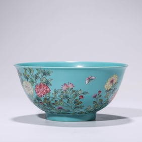 Turquoise-Green-Ground Peony Bowl