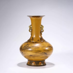 Yellow-Ground Grisaille Painting Gilt-Inlaid Elephant-Eared Vase