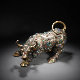 Silver Hardstone Inlaid Ox Ornament