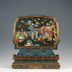 Cloisonne Enamel Spinach-Green Jade Figure Story Table Screen