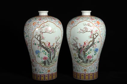 A Pair of Fencai Flower and Bird Meiping Vase