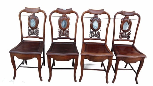 A Set of Four Hardwood Chairs With Marble Inlay