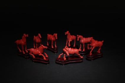 A Set of Eight Cinnabar Lacquer Horses with Box