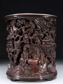 An Agarwood Brushpot with Chess Players