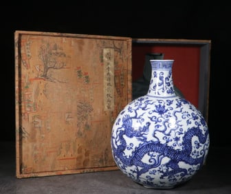 A Blue and White Porcelain Flask with Dragon Motif