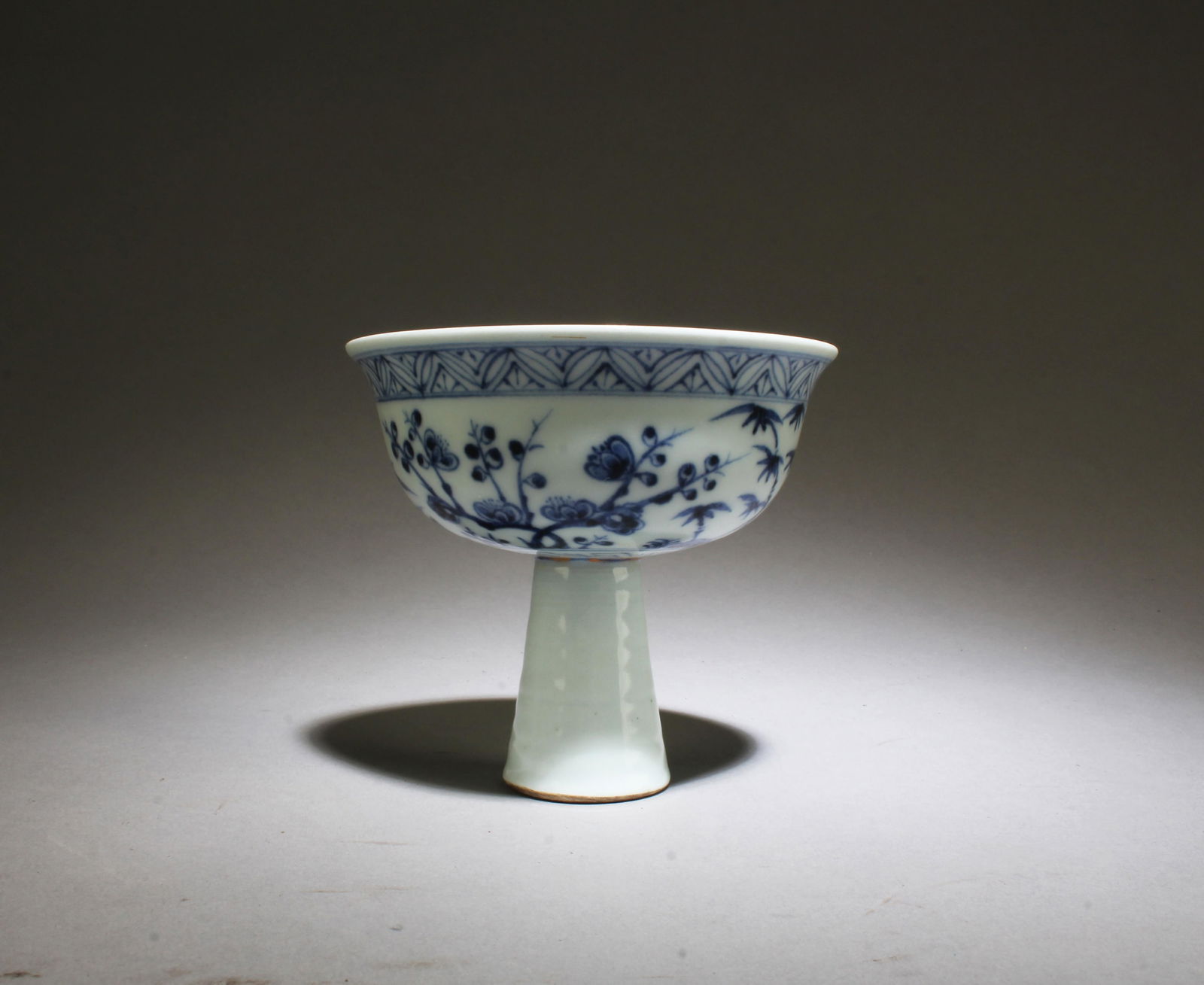 A Blue & White Stem Cup: A Blue & White Stem Cup. Diameter: 4" Height: 3.5"