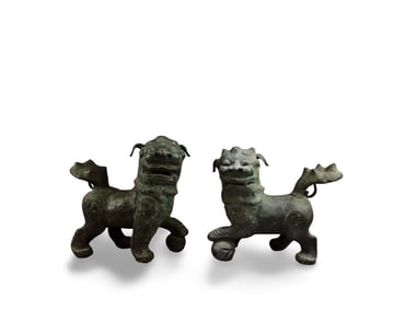 Antique Pair of Bronze Foo Lion Statues