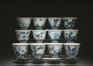 A Set of Twelve Doucai Glazed Cups with Box