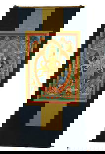 A Tibetan Thangka on Silk Frame: A Tibetan Thangka on Silk Frame. 67" x 32.5" (with frame); 31.5" x 22" (without frame)