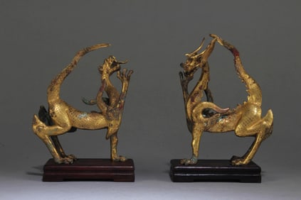 A Set of 2 Chinese Gilt Bronze Dragon